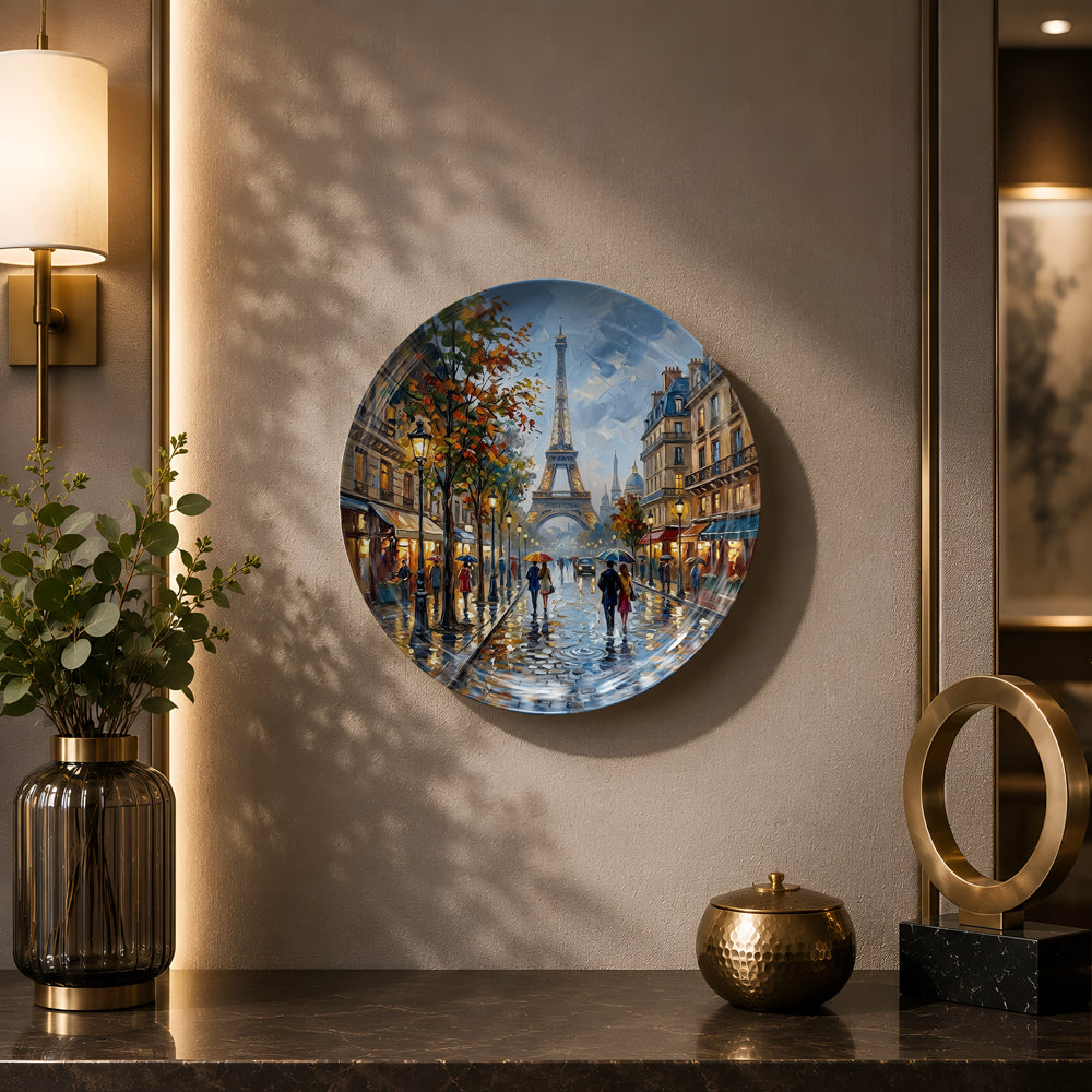 Glossy ceramic wall plate featuring an impressionist Paris street leading to the Eiffel Tower.