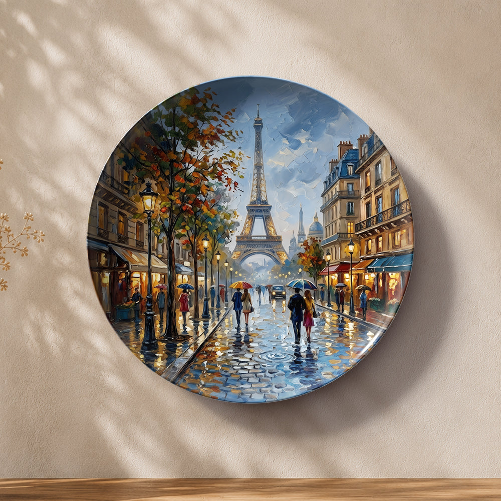 Parisian Stroll ceramic wall plate featuring the Eiffel Tower and a charming Parisian boulevard.