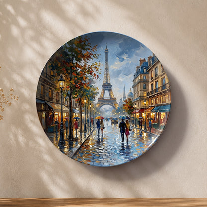 Parisian Stroll ceramic wall plate featuring the Eiffel Tower and a charming Parisian boulevard.