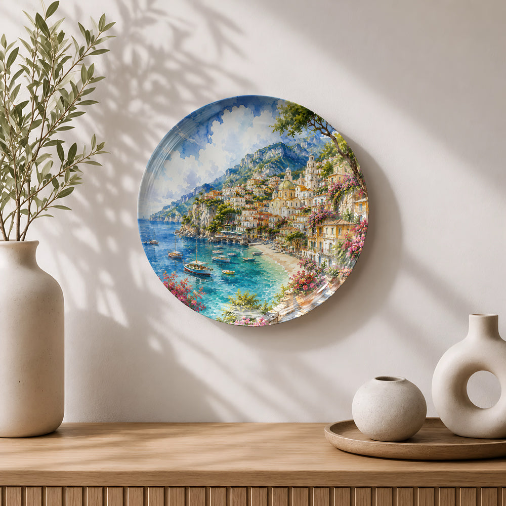 Premium ceramic wall plate showcasing Italy's Amalfi Coast with cliffside villages and turquoise waters.