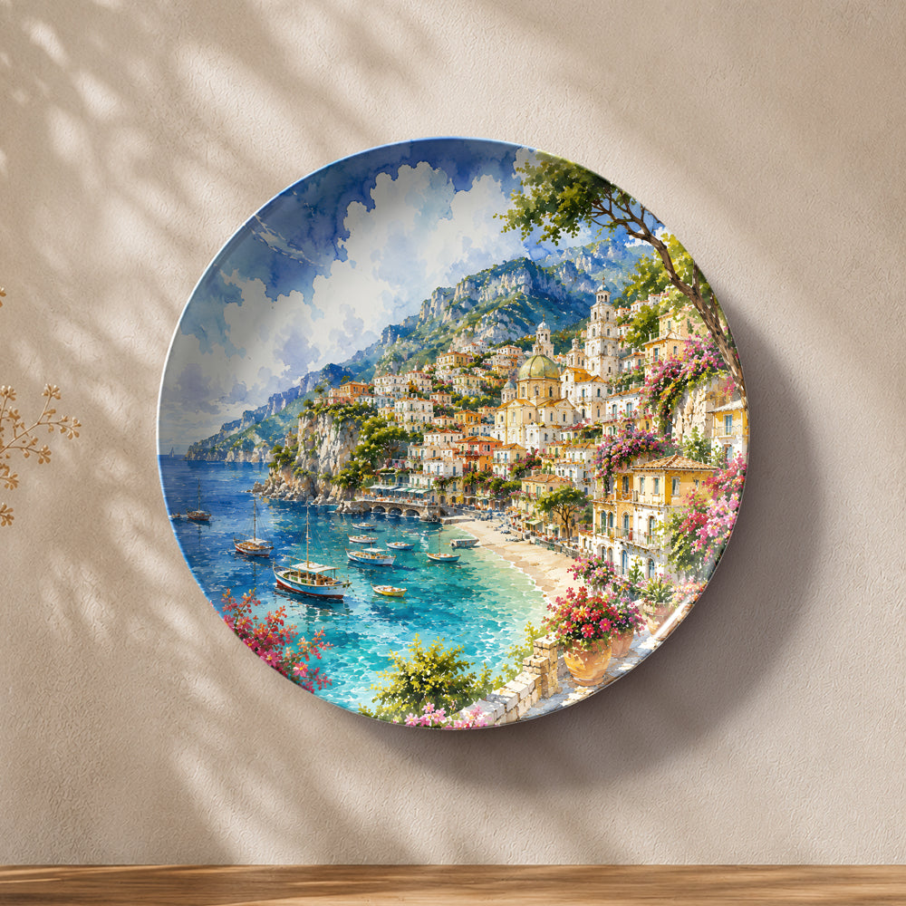 Amalfi Bliss ceramic wall plate featuring the colourful Amalfi Coast overlooking the Mediterranean Sea.