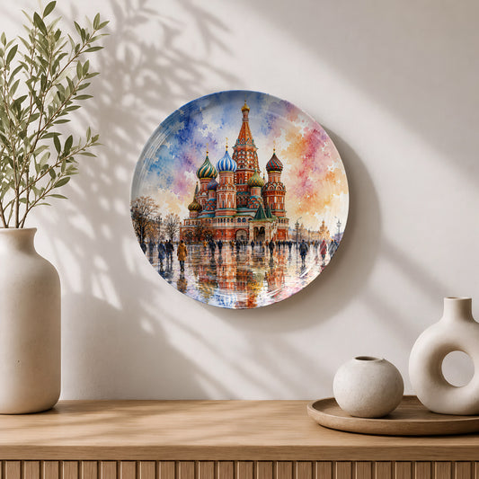 Premium ceramic wall plate showcasing Saint Basil's Cathedral reflected on rain-kissed streets.