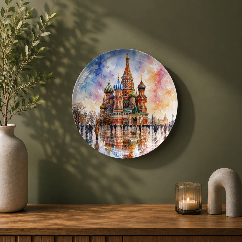 Moscow-inspired ceramic wall plate featuring the iconic Saint Basil's Cathedral in Red Square.