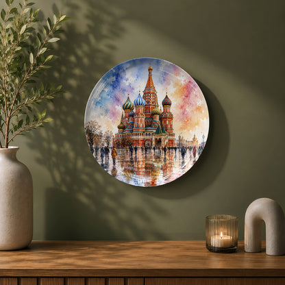 Moscow-inspired ceramic wall plate featuring the iconic Saint Basil's Cathedral in Red Square.