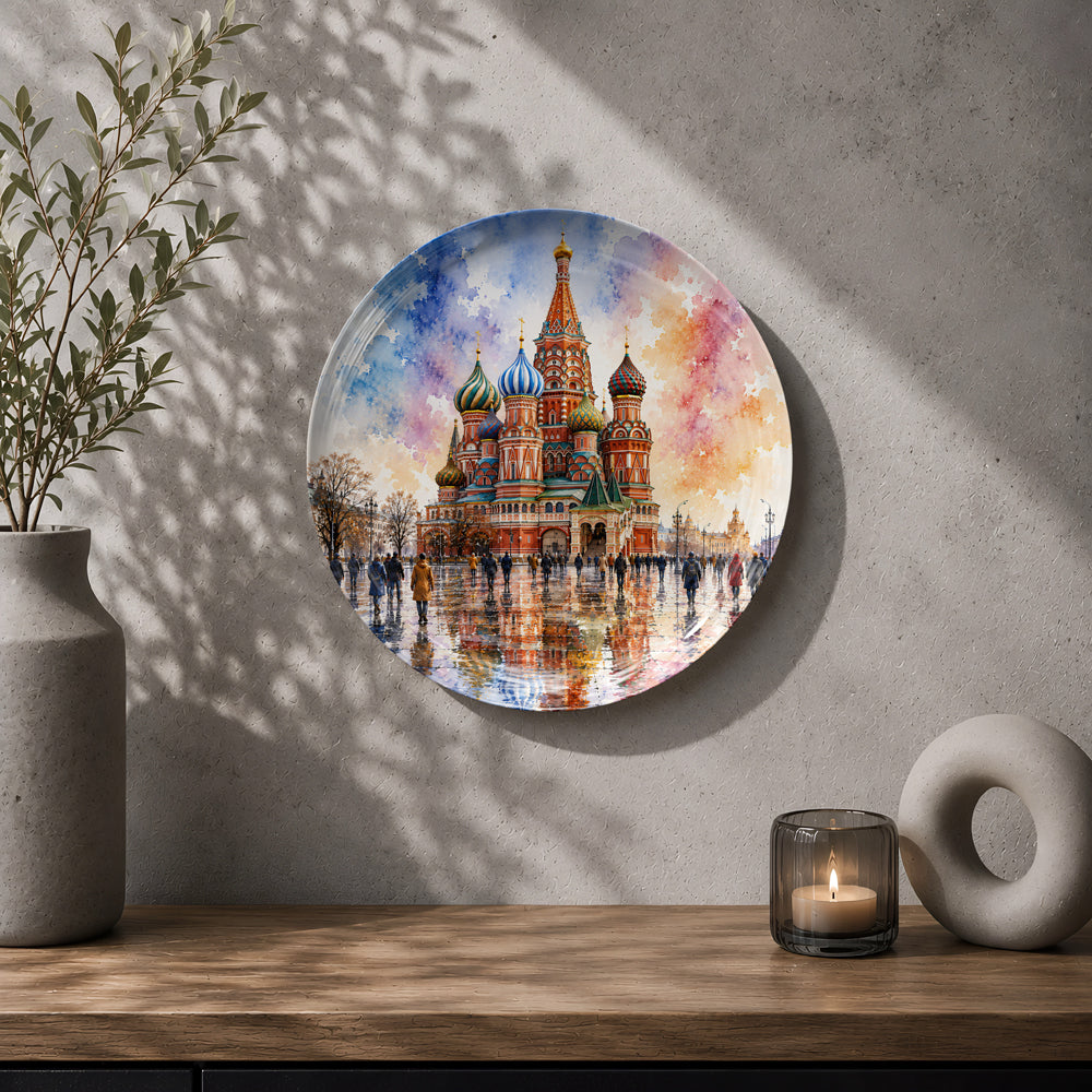 Decorative ceramic wall plate with artwork of Saint Basil's Cathedral and vibrant architectural details.