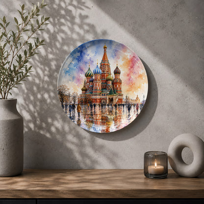 Decorative ceramic wall plate with artwork of Saint Basil's Cathedral and vibrant architectural details.