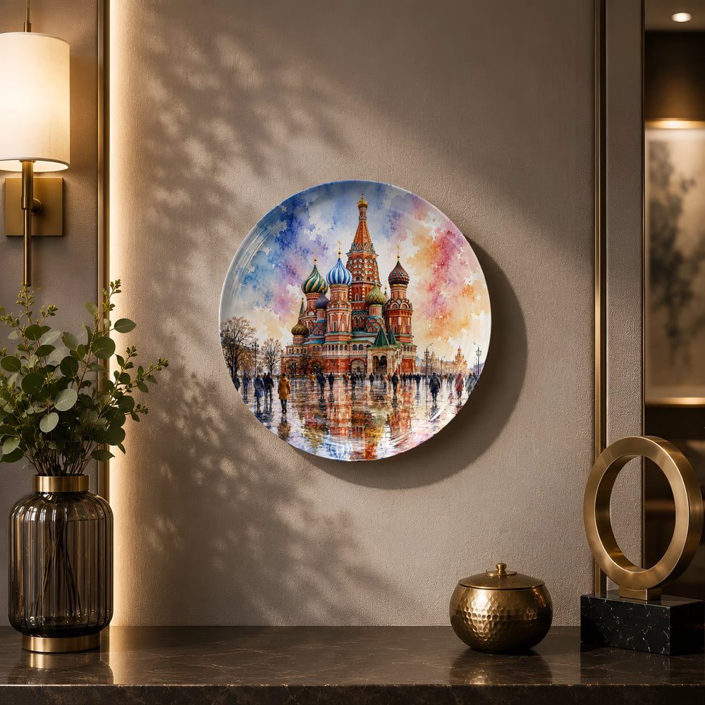 Glossy ceramic wall plate featuring Saint Basil's Cathedral beneath a colourful watercolor sky.