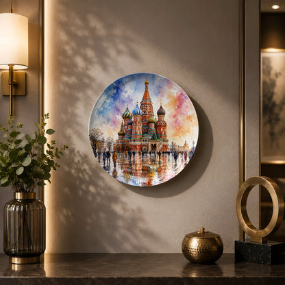 Glossy ceramic wall plate featuring Saint Basil's Cathedral beneath a colourful watercolor sky.