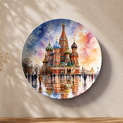 Ruby Domes ceramic wall plate featuring Saint Basil's Cathedral in Moscow with colourful onion domes.