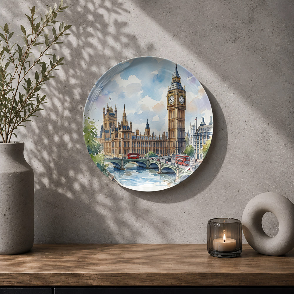 London-inspired ceramic wall plate with Big Ben, the River Thames, and red double-decker buses.