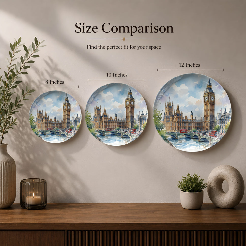 Decorative ceramic wall plate featuring the Palace of Westminster and Elizabeth Tower in London.