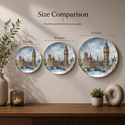 Decorative ceramic wall plate featuring the Palace of Westminster and Elizabeth Tower in London.