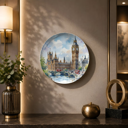 Glossy ceramic wall plate with painterly artwork of Big Ben and Westminster.