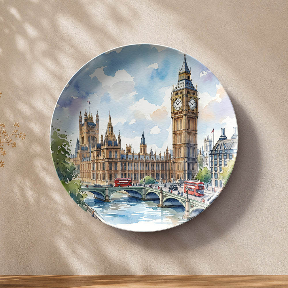 Historic London landmark artwork printed on a premium ceramic wall plate.
