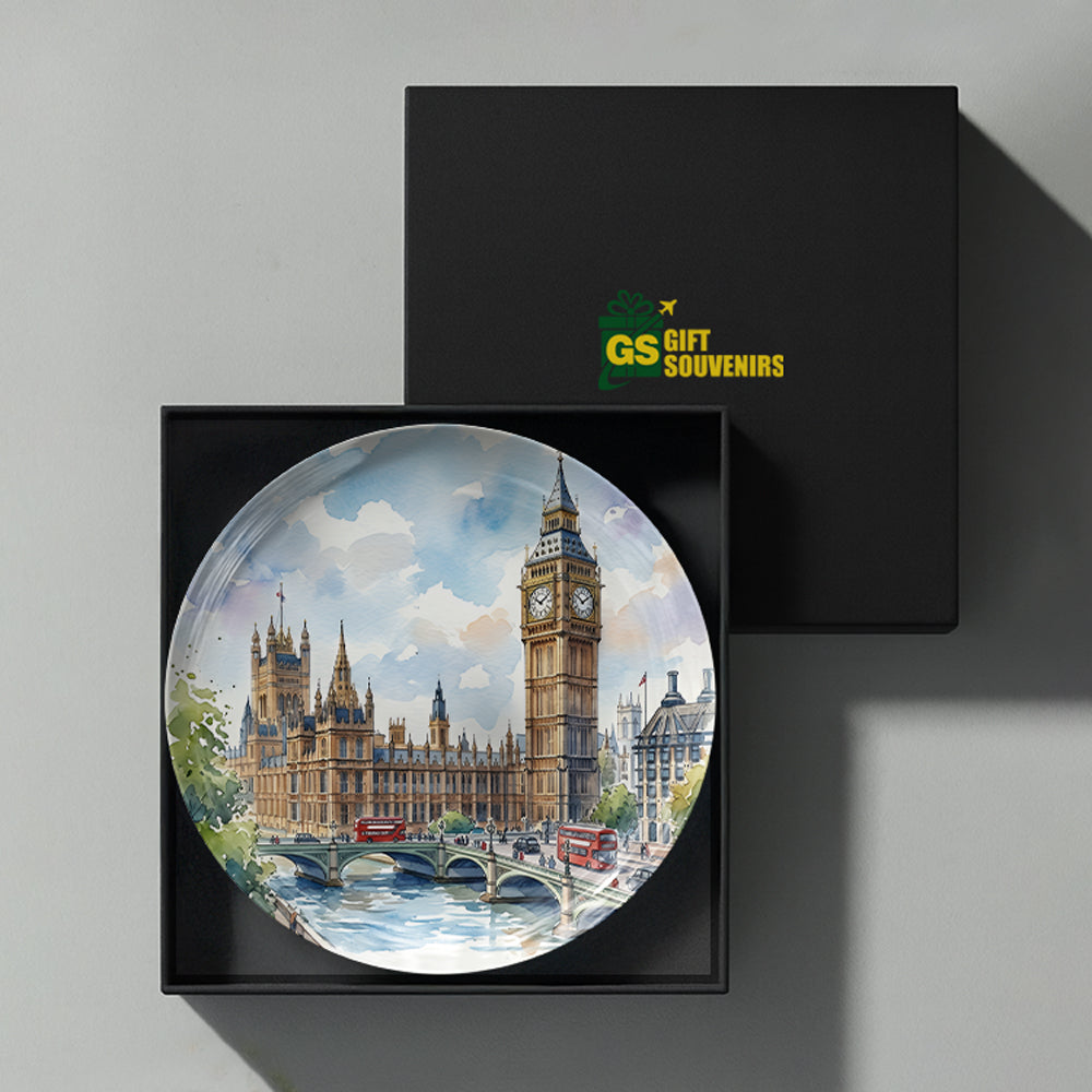 Royal Westminster ceramic wall plate inspired by the timeless beauty of London's iconic Big Ben.