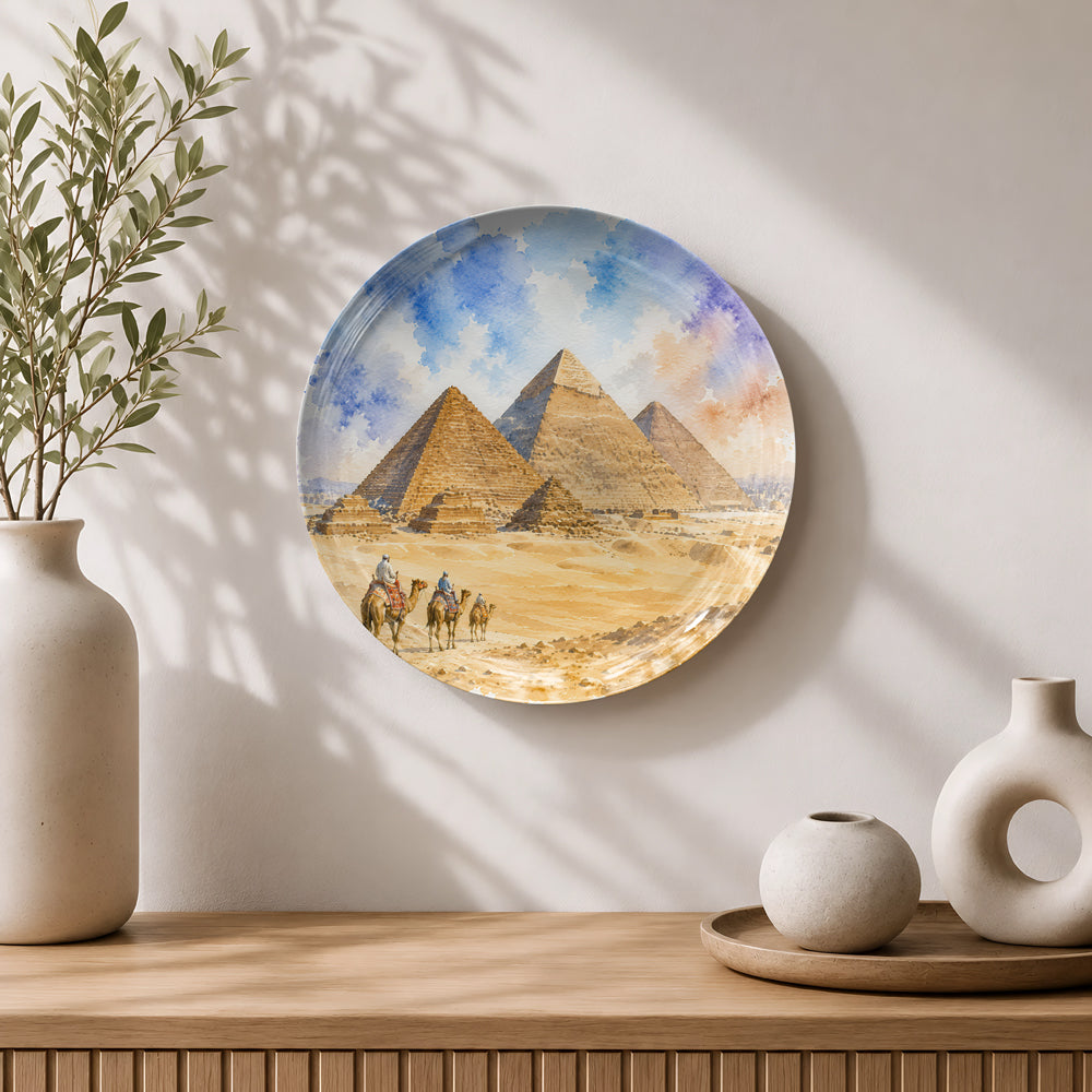 Premium ceramic wall plate showcasing the majestic Pyramids of Giza in the Egyptian desert.