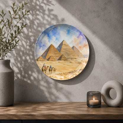 Decorative ceramic wall plate featuring the ancient Pyramids of Giza beneath a vibrant sky.