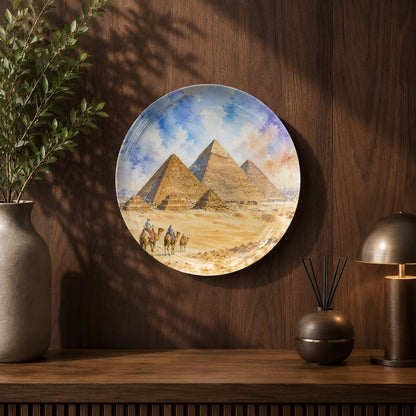 Global Classics Desert Dynasty ceramic wall plate celebrating Egypt's iconic pyramids.