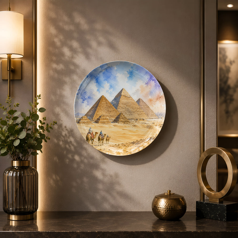 Glossy ceramic wall plate with painterly artwork of the Pyramids of Giza.