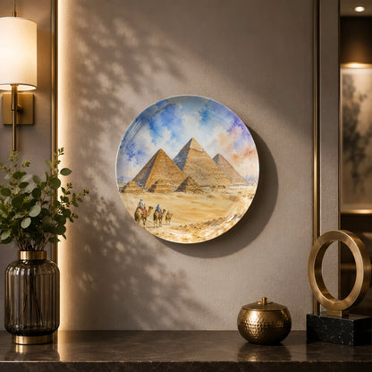 Glossy ceramic wall plate with painterly artwork of the Pyramids of Giza.
