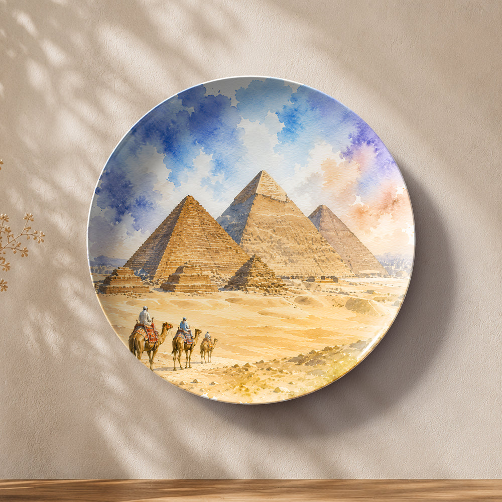 Desert Dynasty ceramic wall plate featuring the iconic Pyramids of Giza in Egypt.