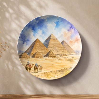 Desert Dynasty ceramic wall plate featuring the iconic Pyramids of Giza in Egypt.