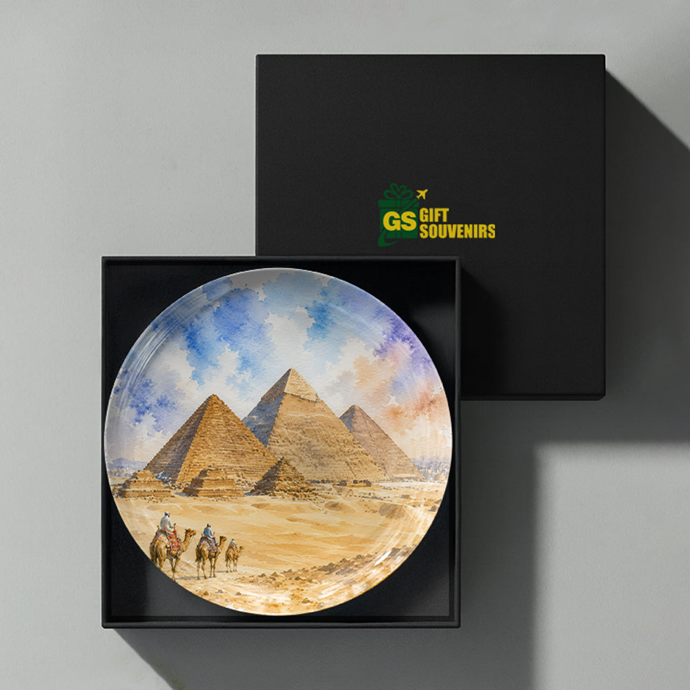 Desert Dynasty ceramic wall plate inspired by the timeless grandeur of the Pyramids of Giza.