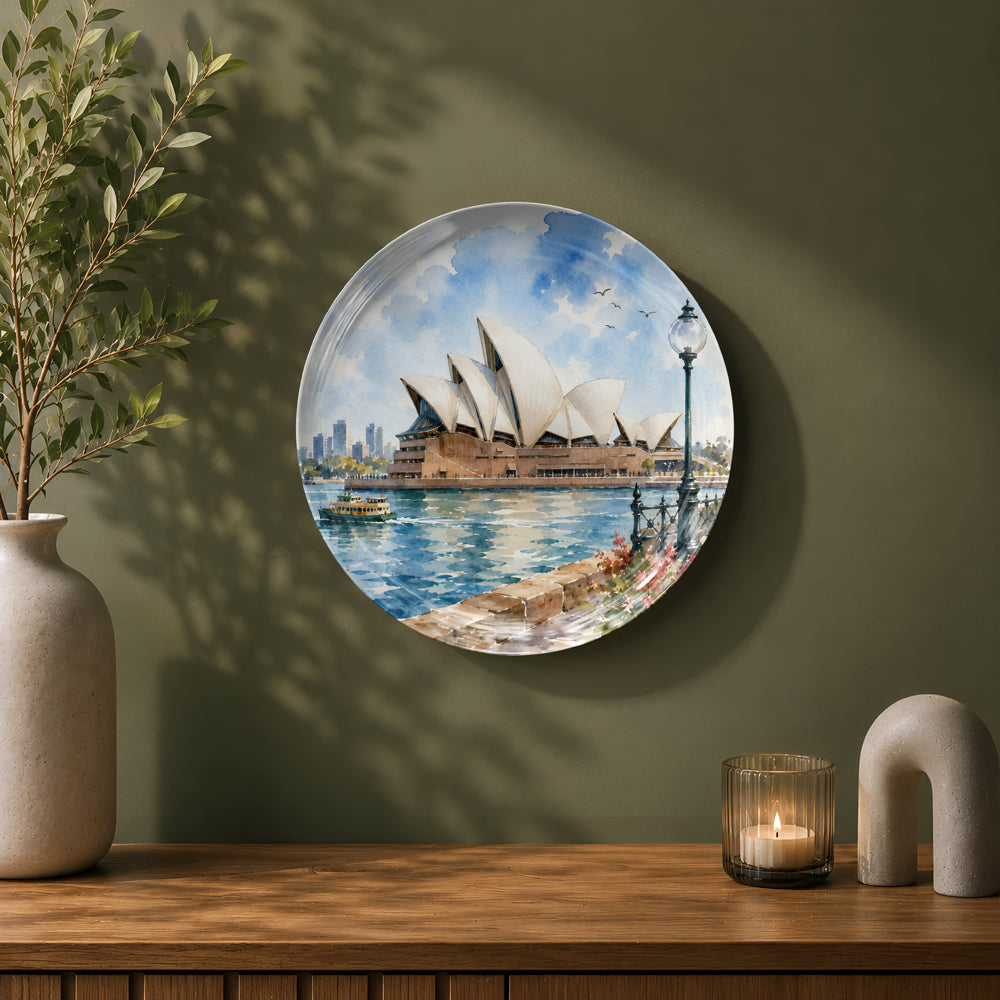 Premium ceramic wall plate showcasing the Sydney Opera House with sparkling waterfront views.