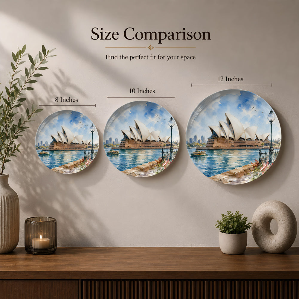 Decorative ceramic wall plate with artwork of the Sydney Opera House and Australian skyline.