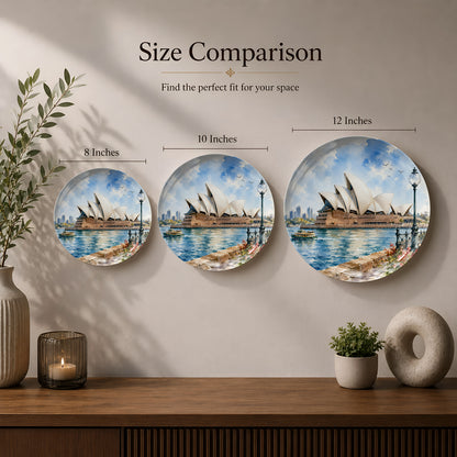Decorative ceramic wall plate with artwork of the Sydney Opera House and Australian skyline.