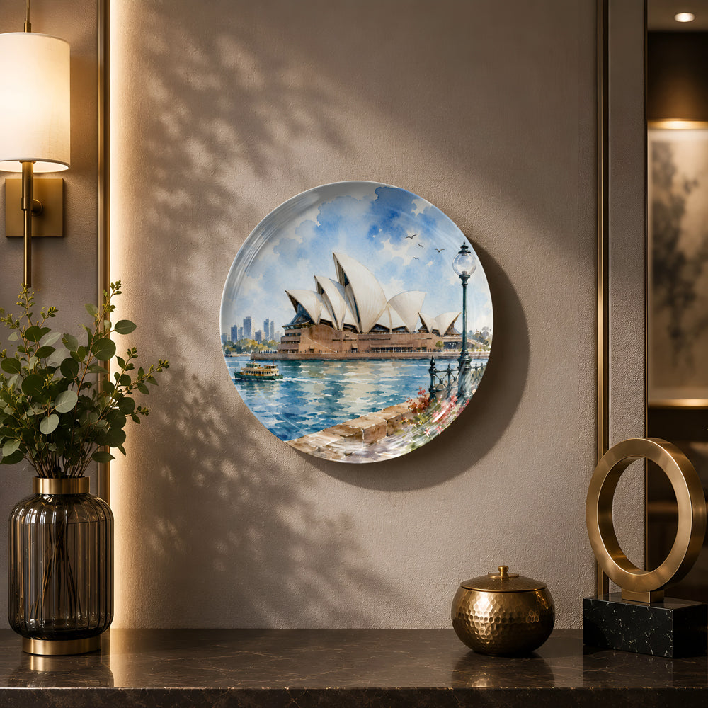Glossy ceramic wall plate featuring the Sydney Opera House overlooking Sydney Harbour.