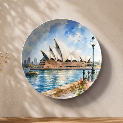 Sydney waterfront artwork printed on a premium ceramic wall plate.