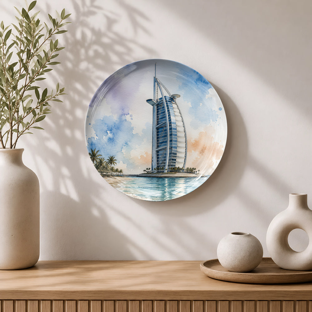 Premium ceramic wall plate showcasing the sail-shaped Burj Al Arab overlooking the Arabian Gulf.