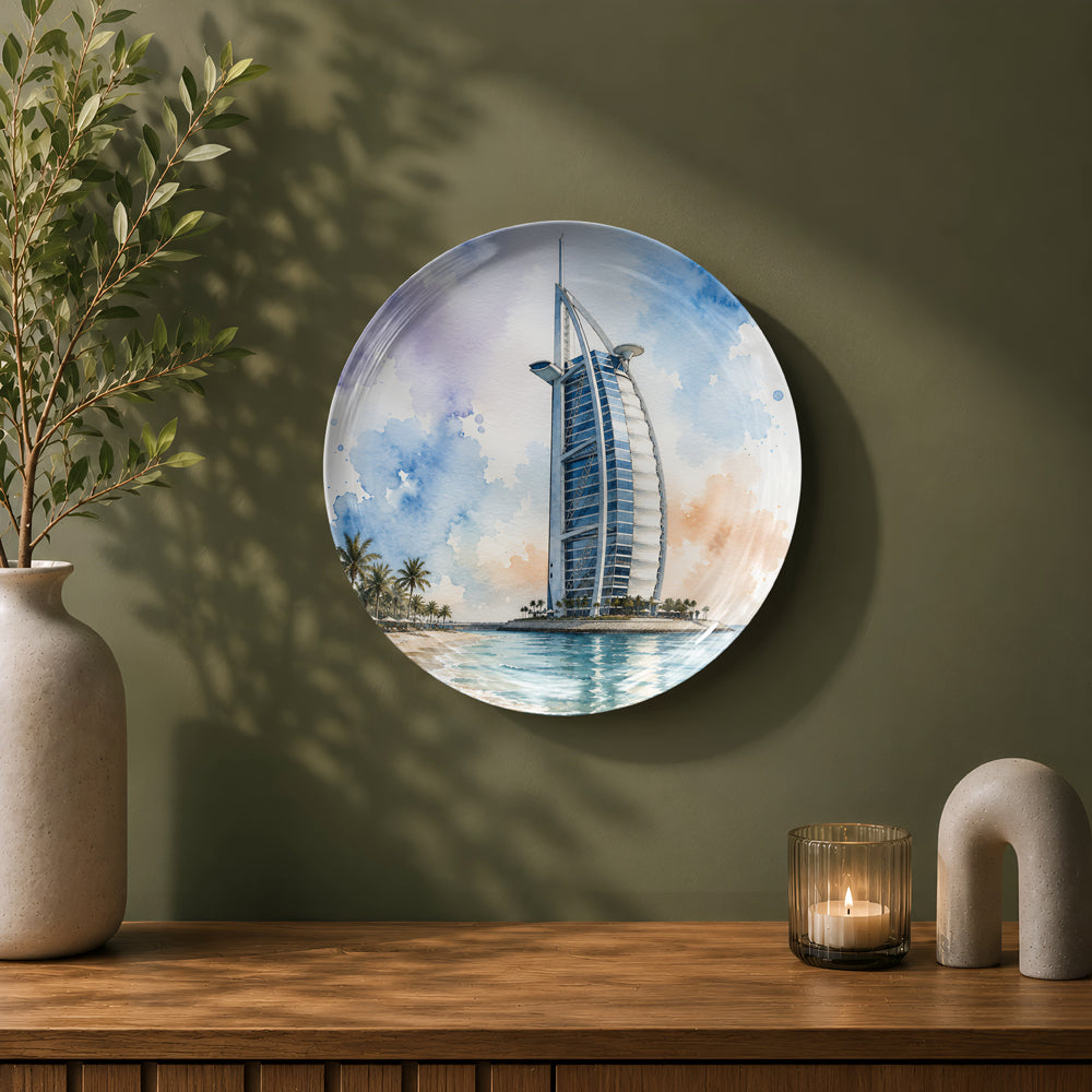 Dubai-inspired ceramic wall plate with the famous Burj Al Arab luxury hotel.