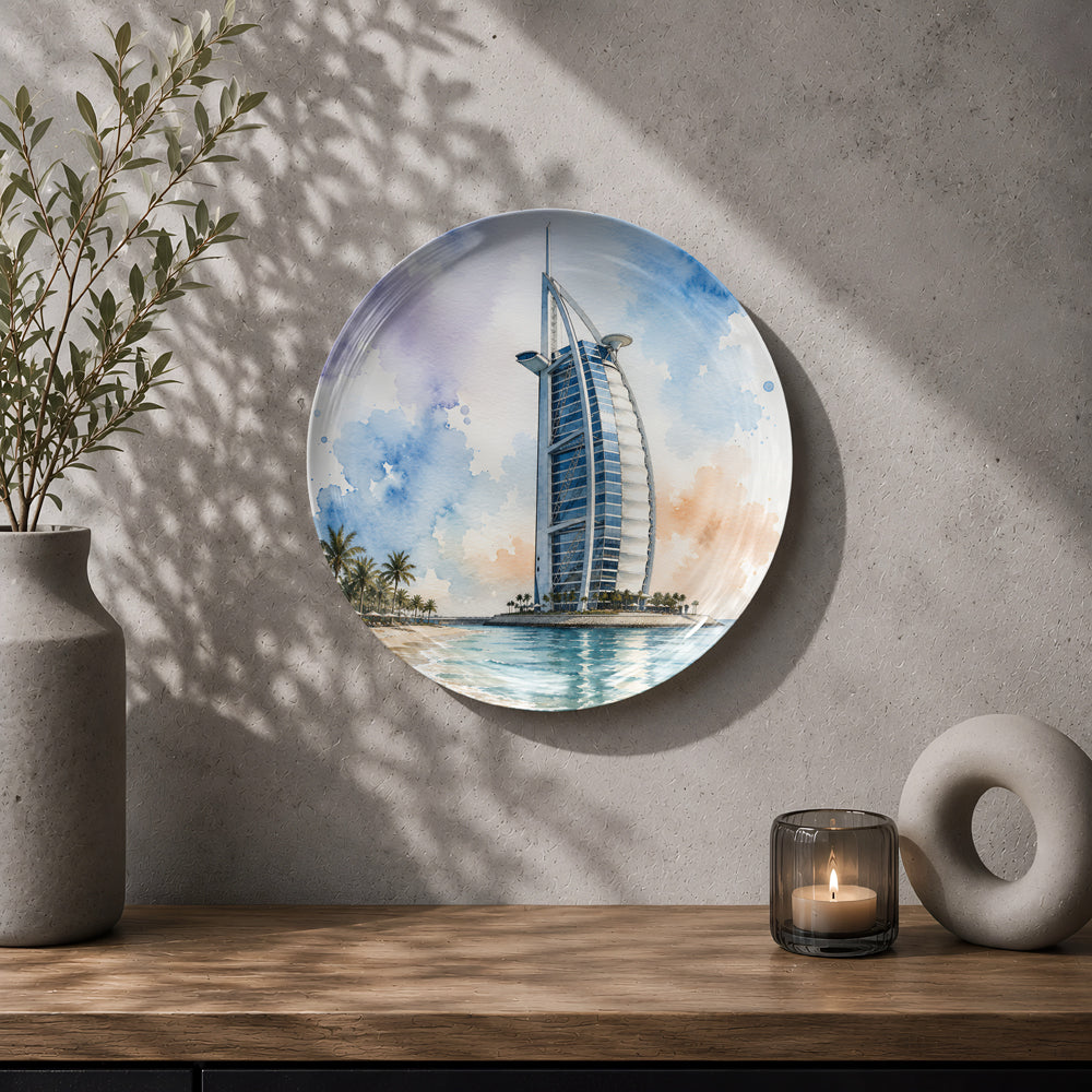 Decorative ceramic wall plate featuring the Burj Al Arab against a serene waterfront.