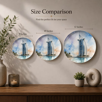 Modern Dubai landmark artwork printed on a premium ceramic wall plate.
