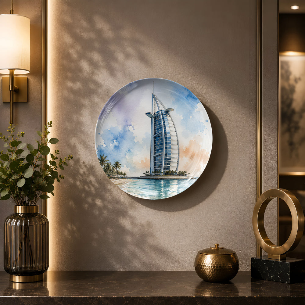 Glossy ceramic wall plate with painterly artwork of the Burj Al Arab in Dubai.