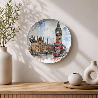 Premium ceramic wall plate showcasing Big Ben and London's iconic red bus in Westminster.