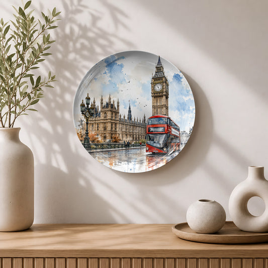 Premium ceramic wall plate showcasing Big Ben and London's iconic red bus in Westminster.