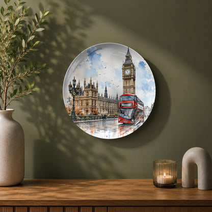 London-inspired ceramic wall plate with Big Ben, Parliament, and classic British streetscape.