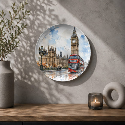 Decorative ceramic wall plate featuring Big Ben, Westminster, and a red double-decker bus.