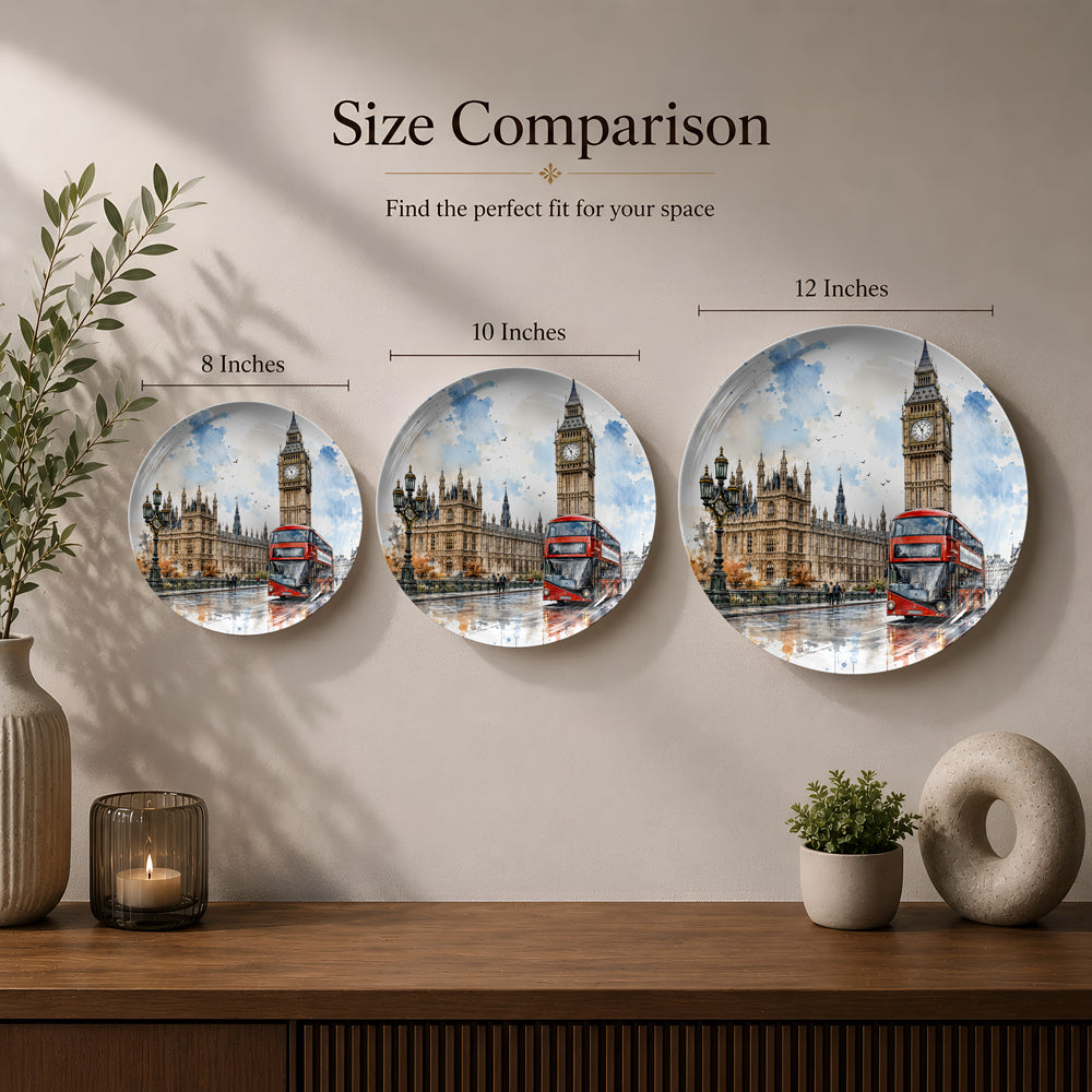 Historic London cityscape printed on a premium ceramic wall plate featuring a classic red bus.