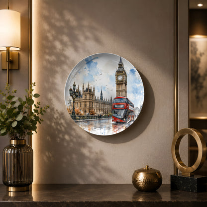 Glossy ceramic wall plate with watercolor artwork of Big Ben and the Palace of Westminster.