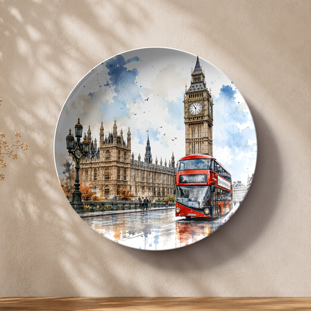 London Legacy ceramic wall plate featuring Big Ben, the Palace of Westminster, and a red double-decker bus.