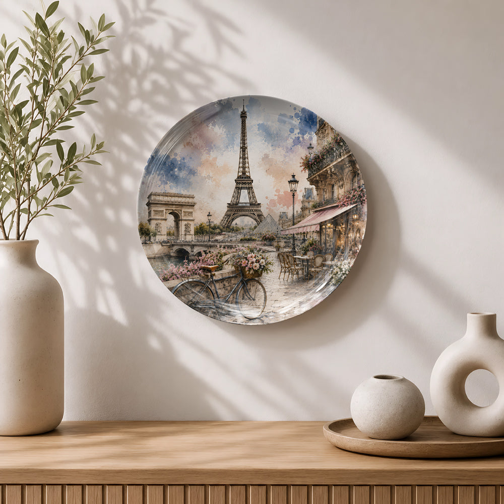 Premium ceramic wall plate showcasing the Eiffel Tower, Arc de Triomphe, and Paris cafés.