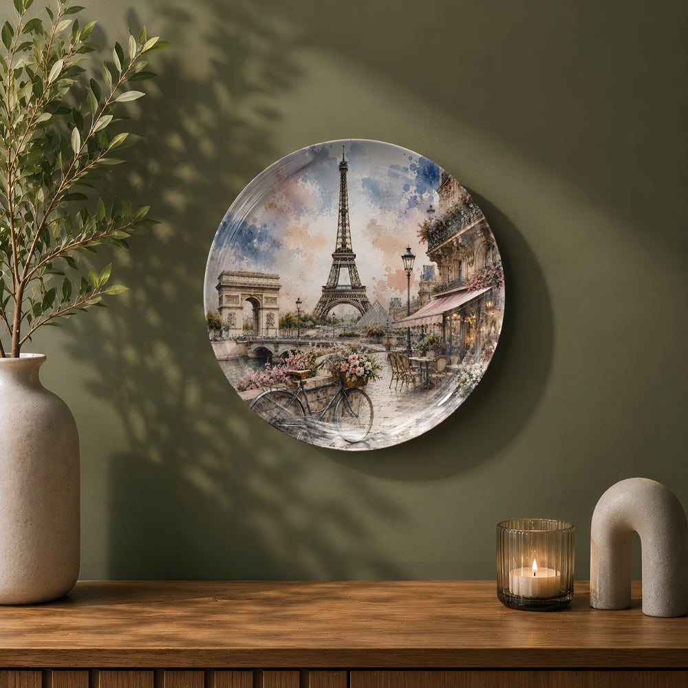 Paris-inspired ceramic wall plate with the Eiffel Tower, flowers, and classic French architecture.