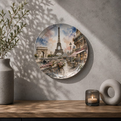 Decorative ceramic wall plate featuring the Eiffel Tower and romantic Paris cityscape.
