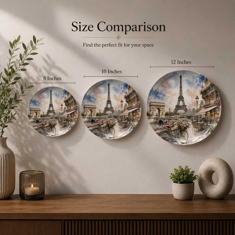 Elegant Paris cityscape printed on a premium ceramic wall plate featuring iconic French landmarks.