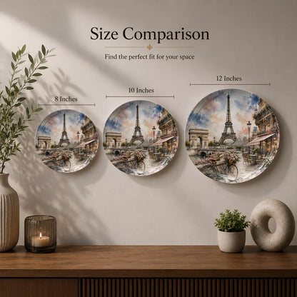 Elegant Paris cityscape printed on a premium ceramic wall plate featuring iconic French landmarks.