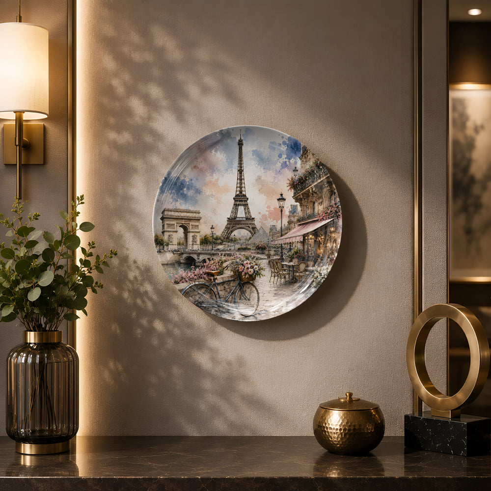 Glossy ceramic wall plate with watercolor artwork of the Eiffel Tower and Paris cafés.